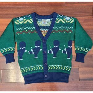 Vintage 90s Kids 3T Toy Soldier Novelty Knit Cardigan Green Navy Blue